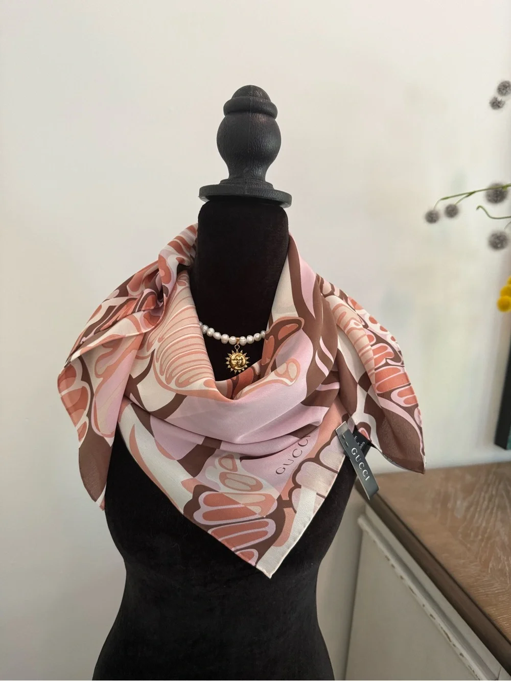 Gucci Silk Scarf Brown Beige Hand Rolled Made in Italy New With Tag